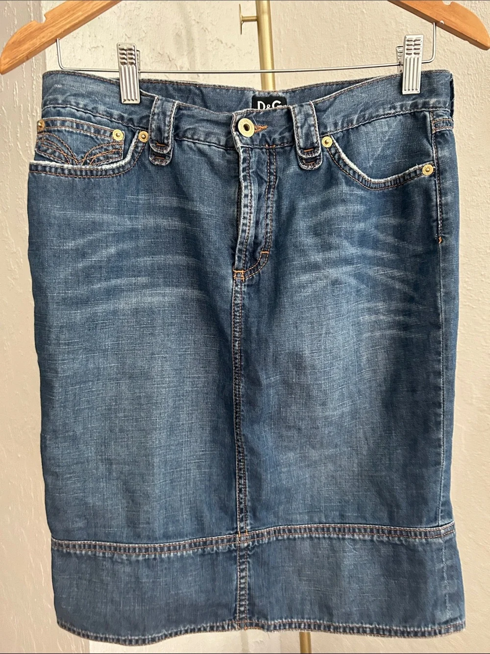 D&G Medium Blue Denim Pencil Skirt with Gold Rivets